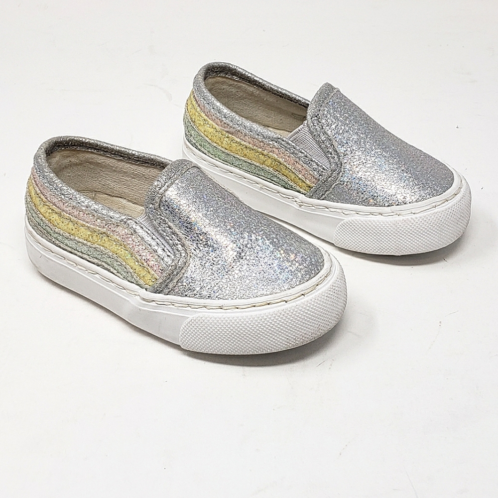 Olive & Edie Rainbow Slip-on Sneakers Girls‎ Size 5 Glitterly Silver Pink Yellow